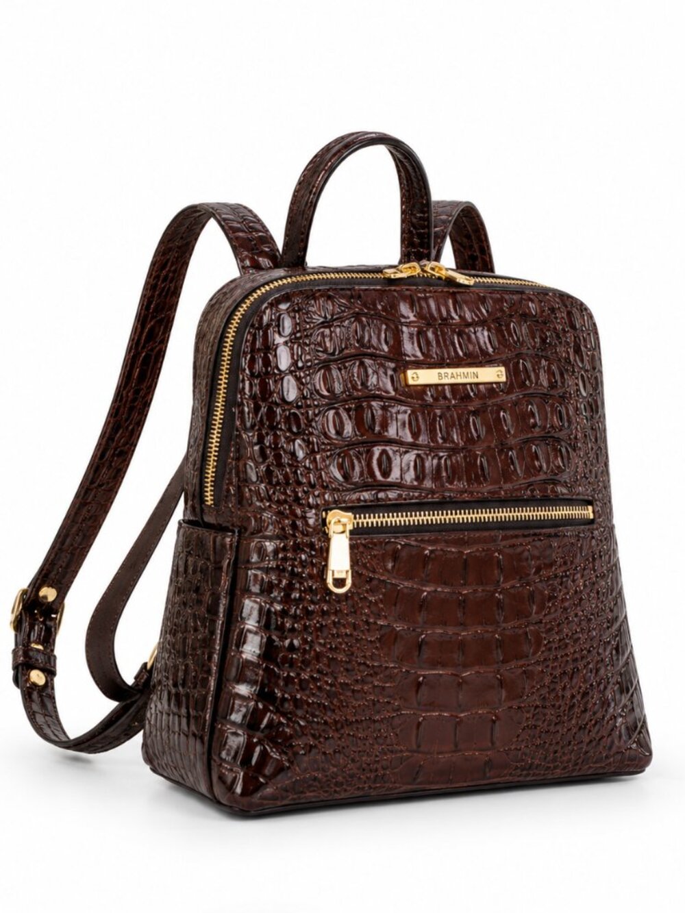 Brahmin Felicity Pecan Melbourne Croc Embossed Leather Backpack Brown Zip Pocket